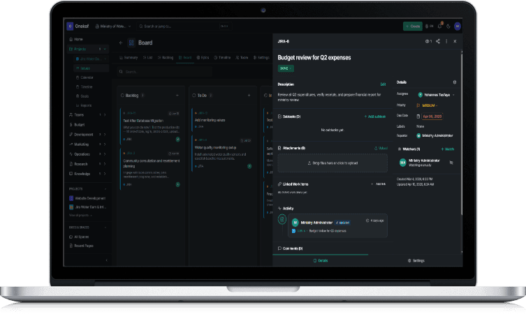 Onekof kanban board with issue detail slideout panel